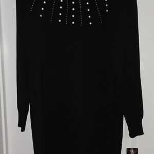 Elegant Black Dress with Pearl Accents Sweater Dress